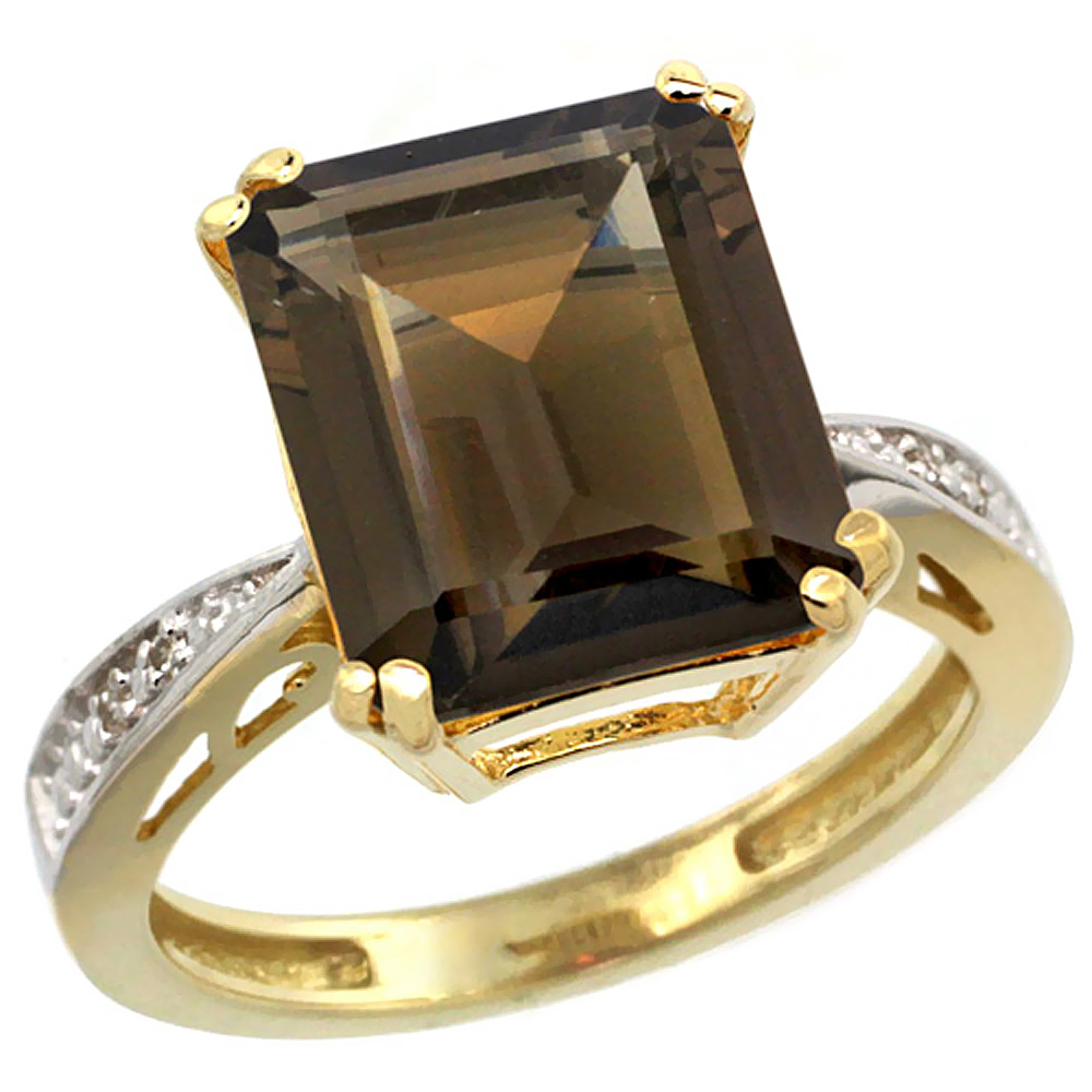 10K Yellow Gold Diamond Natural Smoky Topaz Ring Emerald-cut 12x10mm, sizes 5-10