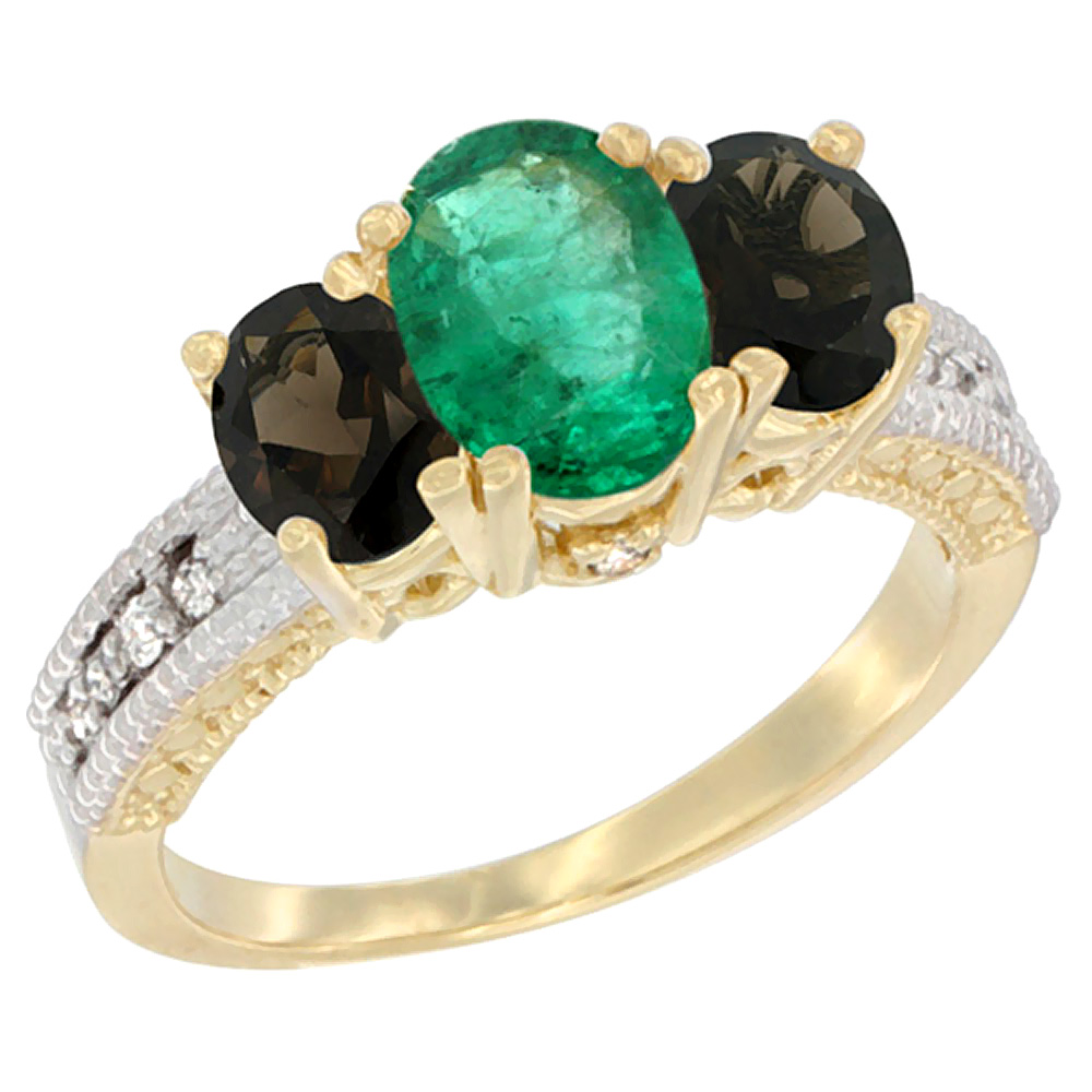 10K Yellow Gold Diamond Natural Emerald Ring Oval 3-stone with Smoky Topaz, sizes 5 - 10
