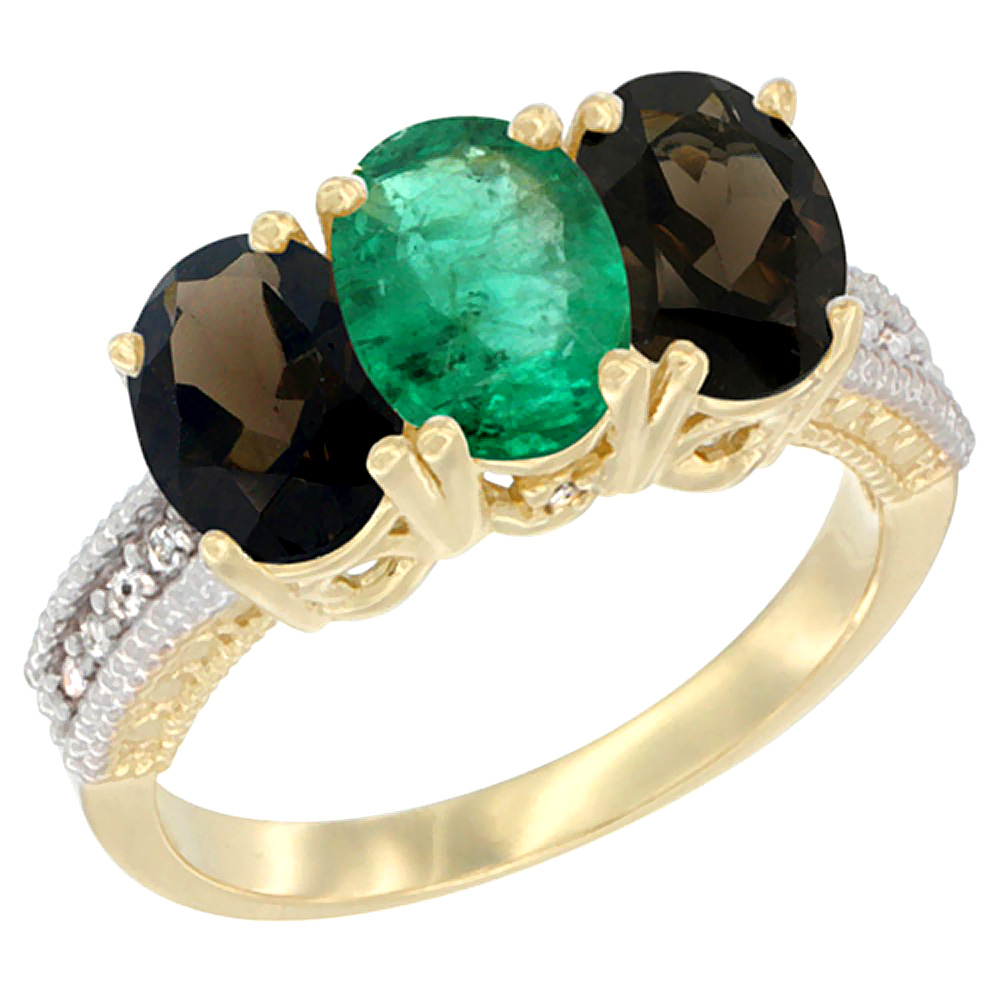 14K Yellow Gold Natural Emerald &amp; Smoky Topaz Ring 3-Stone 7x5 mm Oval Diamond Accent, sizes 5 - 10