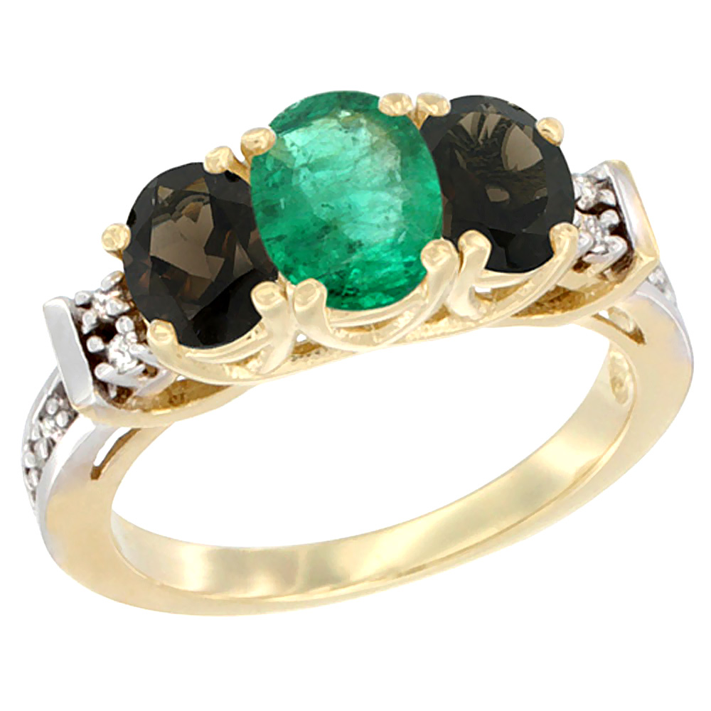 14K Yellow Gold Natural Emerald &amp; Smoky Topaz Ring 3-Stone Oval Diamond Accent