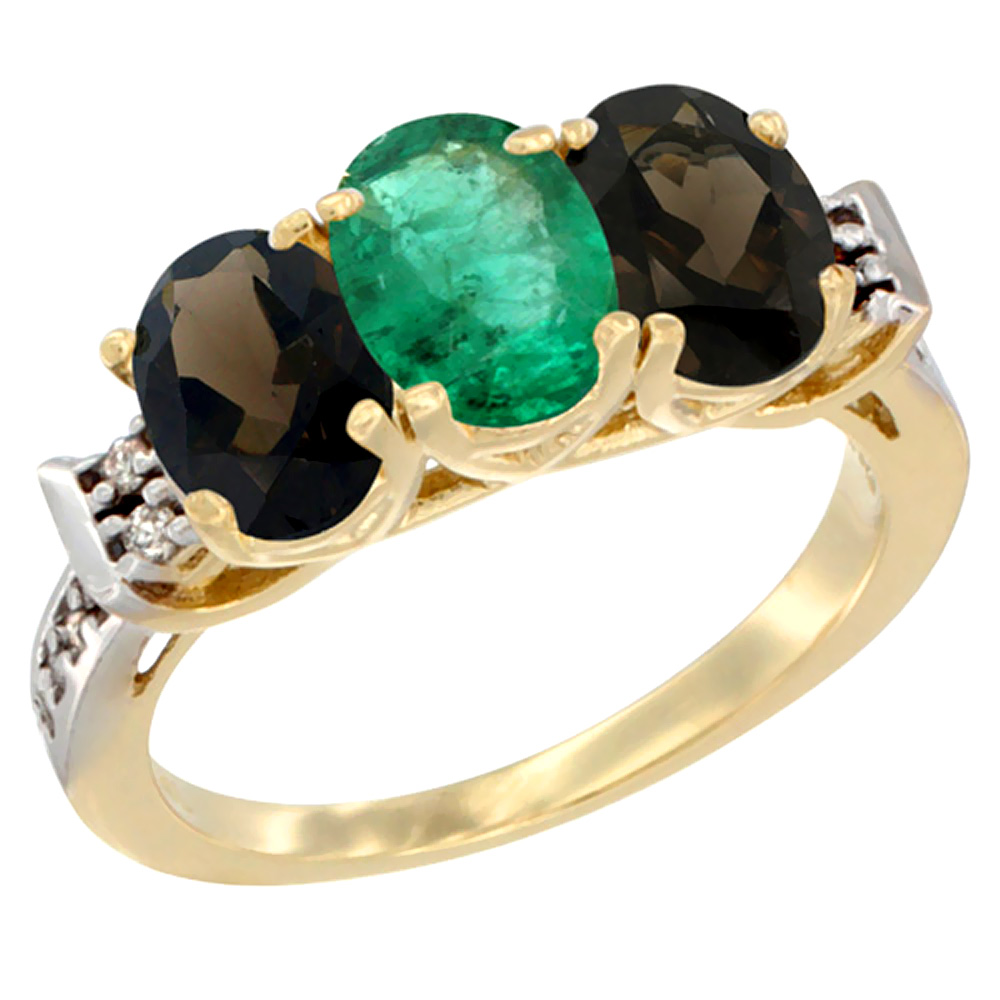 10K Yellow Gold Natural Emerald & Smoky Topaz Sides Ring 3-Stone Oval 7x5 mm Diamond Accent, sizes 5 - 10