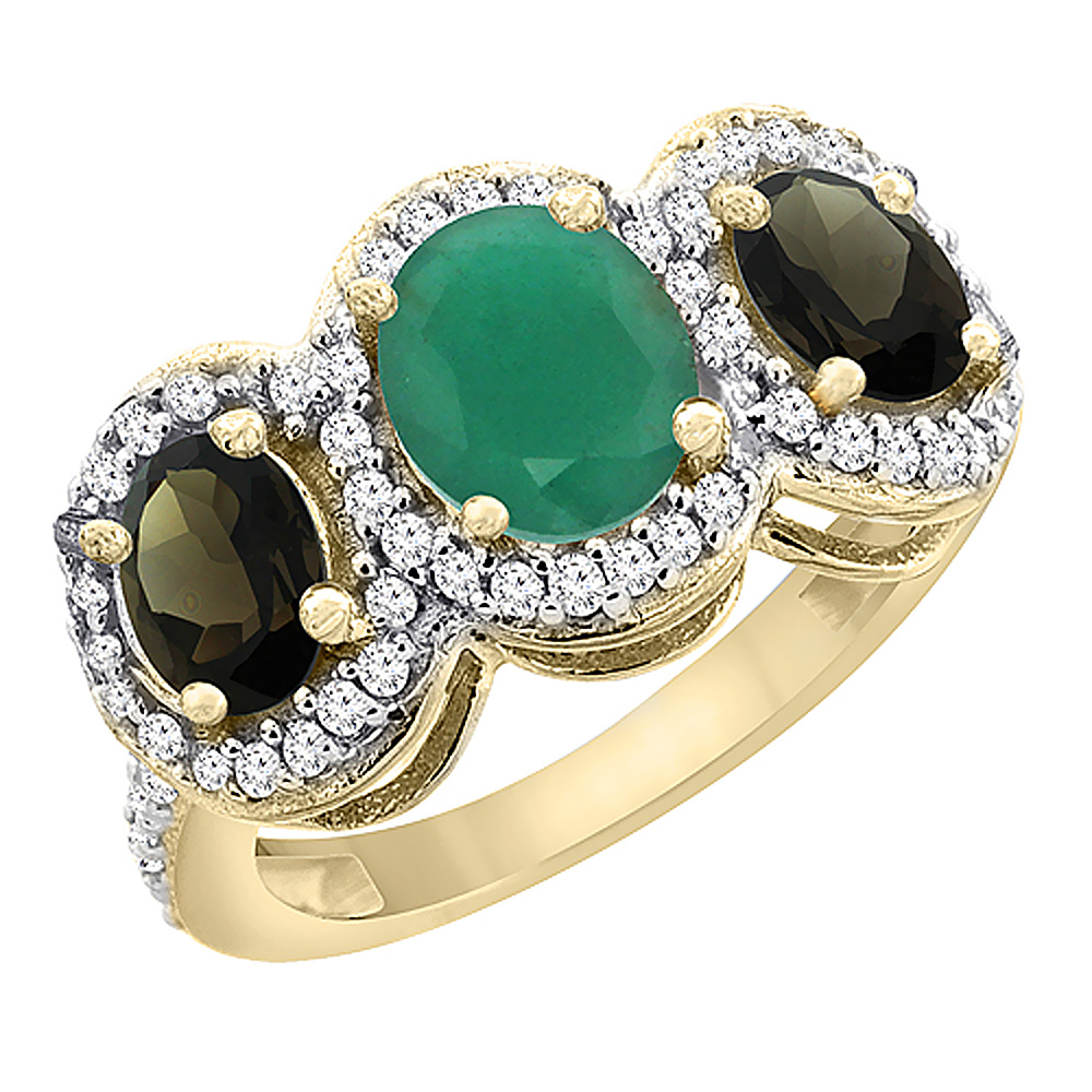 14K Yellow Gold Natural Cabochon Emerald &amp; Smoky Topaz 3-Stone Ring Oval Diamond Accent, sizes 5 - 10