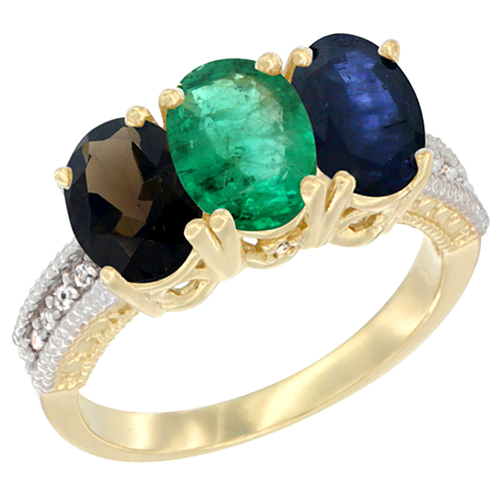10K Yellow Gold Diamond Natural Smoky Topaz, Emerald & Blue Sapphire Ring 3-Stone 7x5 mm Oval, sizes 5 - 10