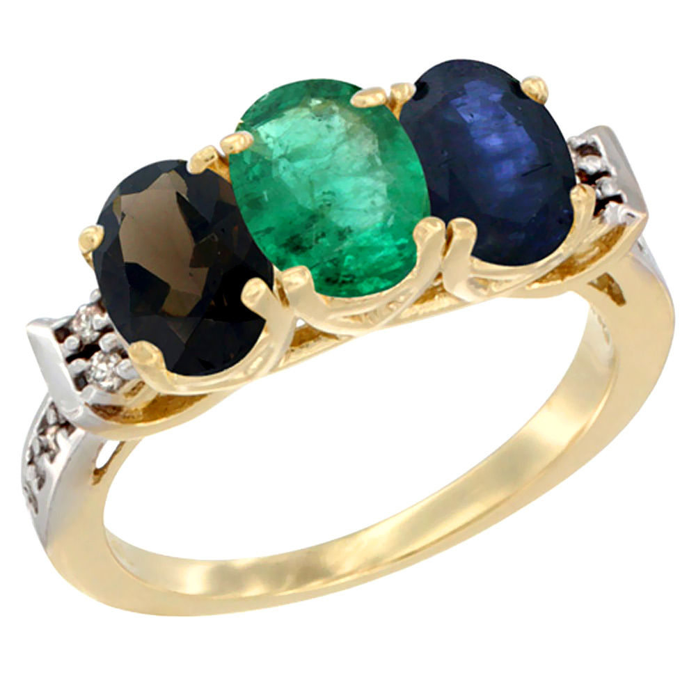 10K Yellow Gold Natural Smoky Topaz, Emerald & Blue Sapphire Ring 3-Stone Oval 7x5 mm Diamond Accent, sizes 5 - 10