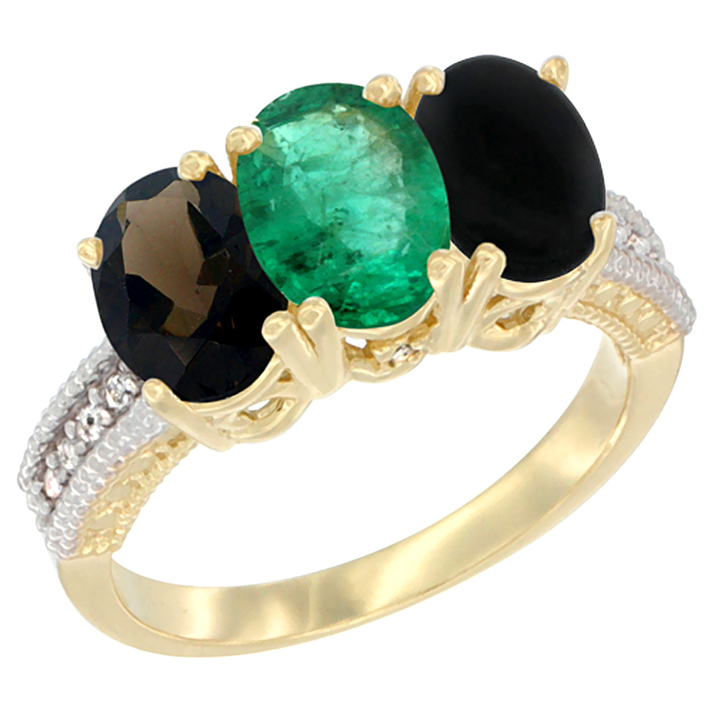 10K Yellow Gold Diamond Natural Smoky Topaz, Emerald &amp; Black Onyx Ring 3-Stone 7x5 mm Oval, sizes 5 - 10
