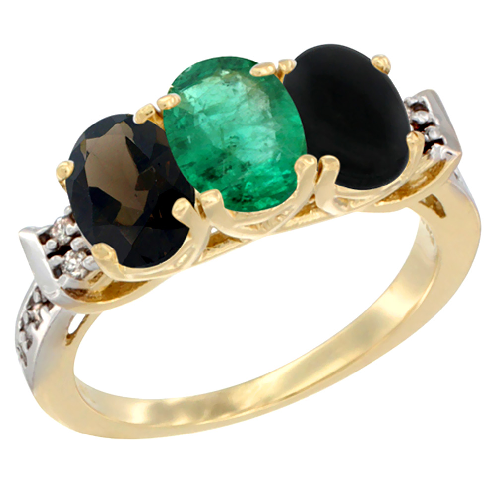 10K Yellow Gold Natural Smoky Topaz, Emerald &amp; Black Onyx Ring 3-Stone Oval 7x5 mm Diamond Accent, sizes 5 - 10