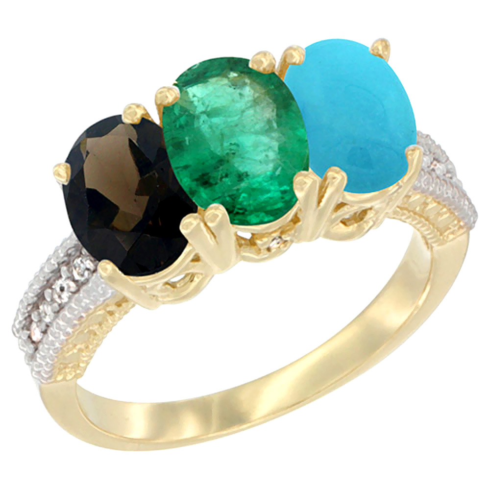14K Yellow Gold Natural Smoky Topaz, Emerald & Turquoise Ring 3-Stone 7x5 mm Oval Diamond Accent, sizes 5 - 10