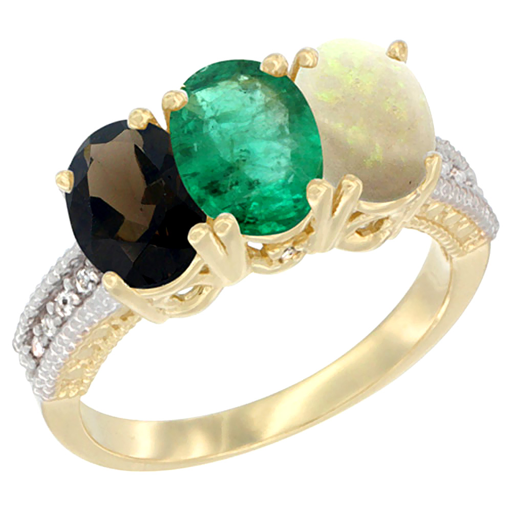 14K Yellow Gold Natural Smoky Topaz, Emerald & Opal Ring 3-Stone 7x5 mm Oval Diamond Accent, sizes 5 - 10