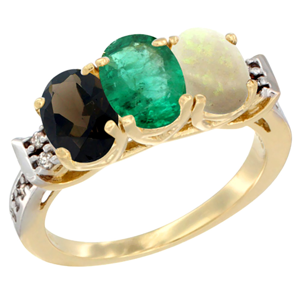 10K Yellow Gold Natural Smoky Topaz, Emerald &amp; Opal Ring 3-Stone Oval 7x5 mm Diamond Accent, sizes 5 - 10