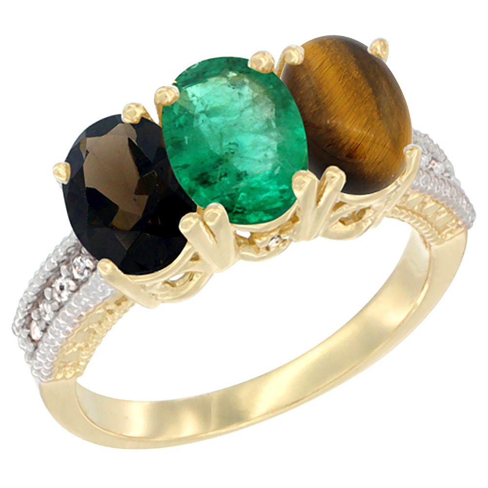 14K Yellow Gold Natural Smoky Topaz, Emerald &amp; Tiger Eye Ring 3-Stone 7x5 mm Oval Diamond Accent, sizes 5 - 10