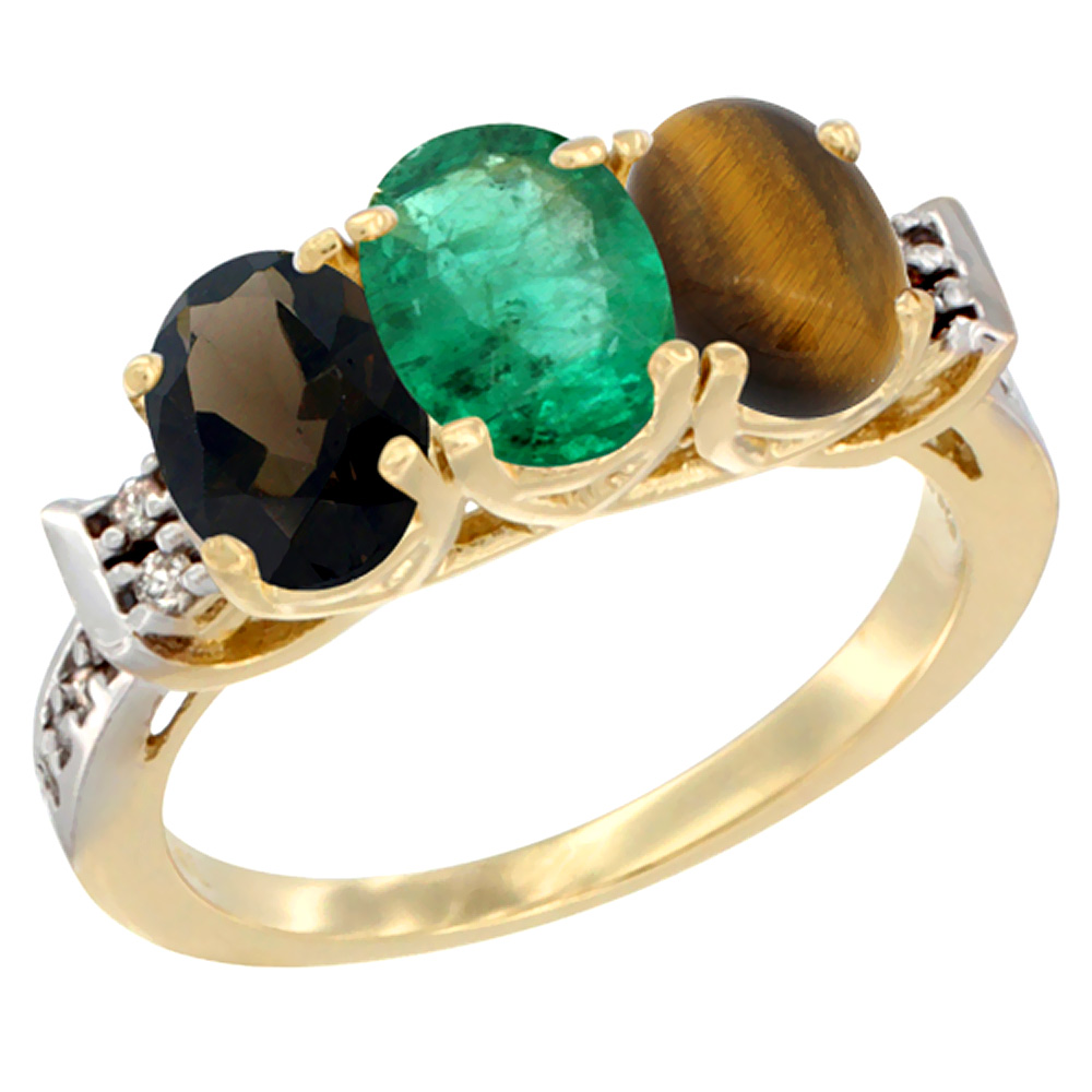 10K Yellow Gold Natural Smoky Topaz, Emerald & Tiger Eye Ring 3-Stone Oval 7x5 mm Diamond Accent, sizes 5 - 10