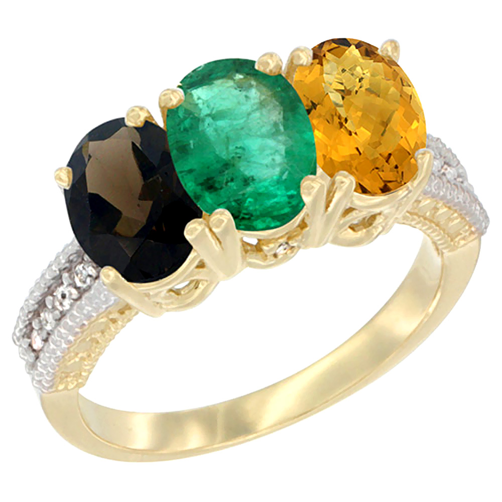 14K Yellow Gold Natural Smoky Topaz, Emerald &amp; Whisky Quartz Ring 3-Stone 7x5 mm Oval Diamond Accent, sizes 5 - 10