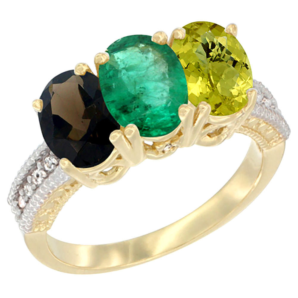14K Yellow Gold Natural Smoky Topaz, Emerald & Lemon Quartz Ring 3-Stone 7x5 mm Oval Diamond Accent, sizes 5 - 10