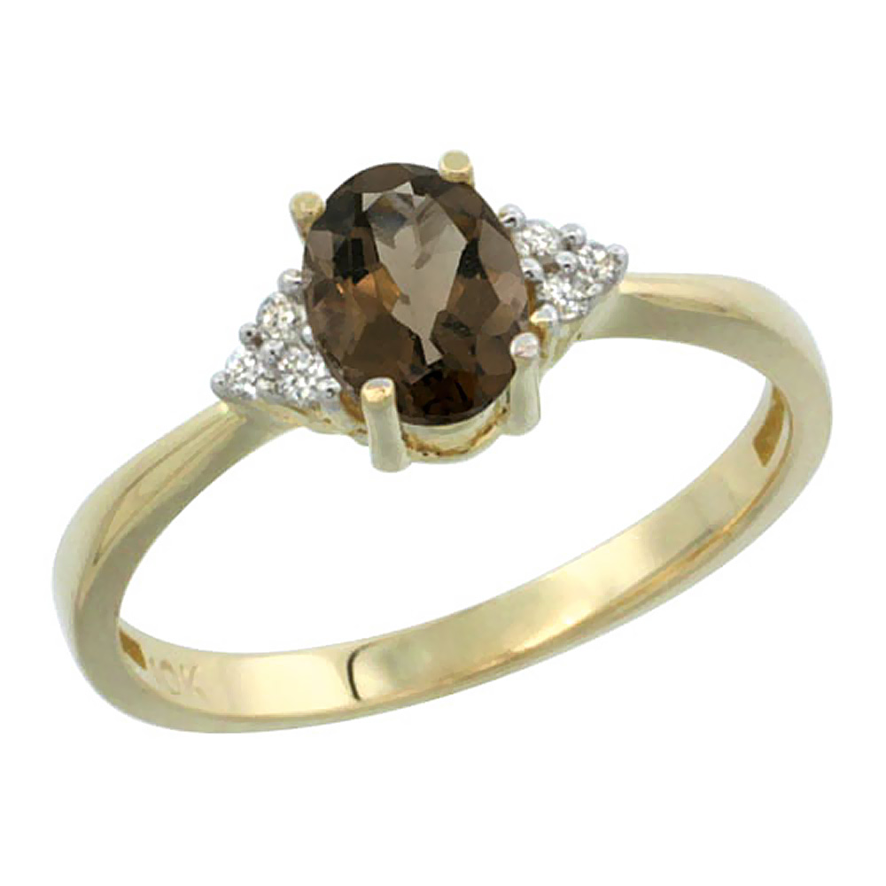 14K Yellow Gold Diamond Natural Smoky Topaz Engagement Ring Oval 7x5mm, sizes 5-10