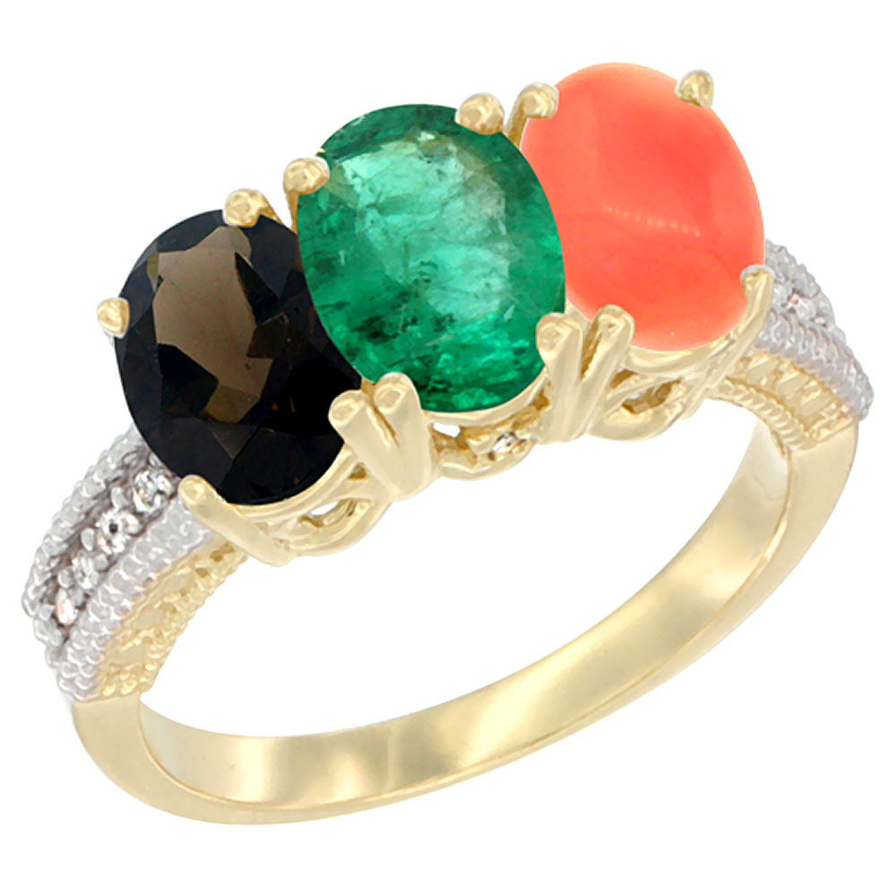 14K Yellow Gold Natural Smoky Topaz, Emerald & Coral Ring 3-Stone 7x5 mm Oval Diamond Accent, sizes 5 - 10