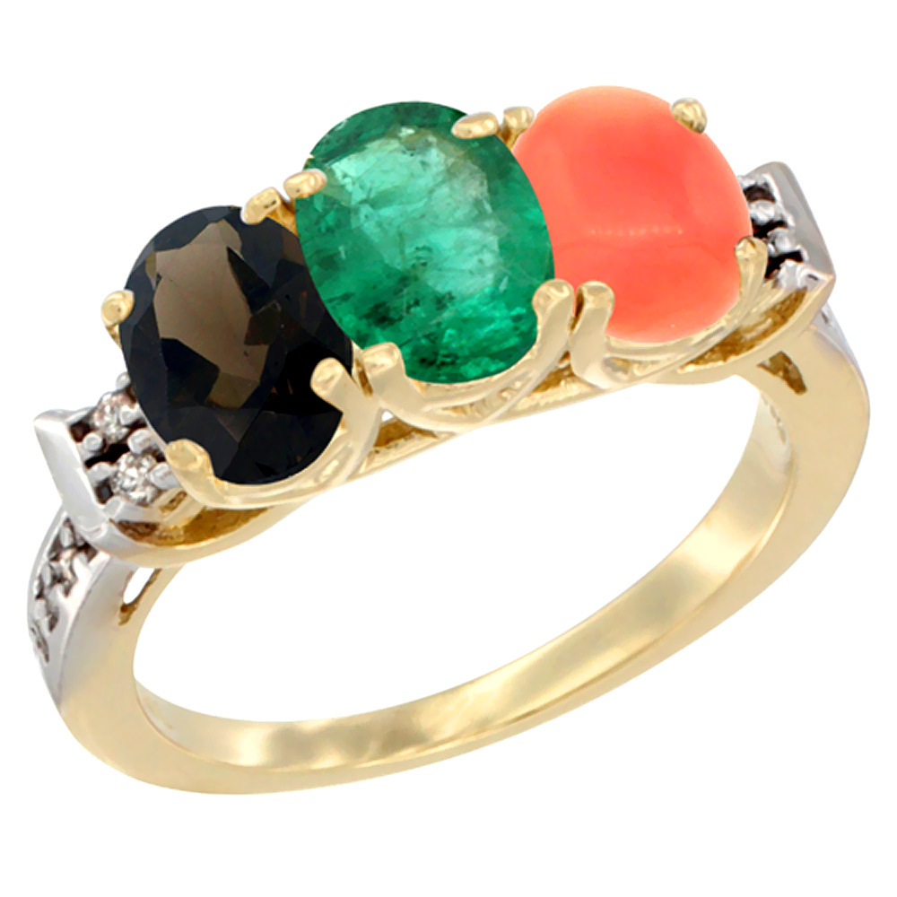 10K Yellow Gold Natural Smoky Topaz, Emerald &amp; Coral Ring 3-Stone Oval 7x5 mm Diamond Accent, sizes 5 - 10