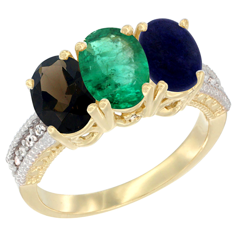 10K Yellow Gold Diamond Natural Smoky Topaz, Emerald & Lapis Ring 3-Stone 7x5 mm Oval, sizes 5 - 10