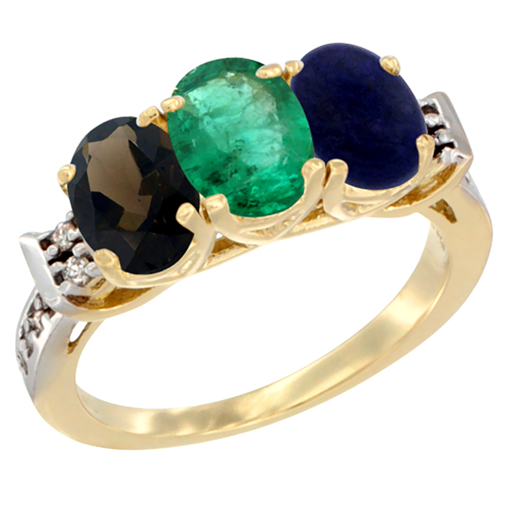 10K Yellow Gold Natural Smoky Topaz, Emerald & Lapis Ring 3-Stone Oval 7x5 mm Diamond Accent, sizes 5 - 10