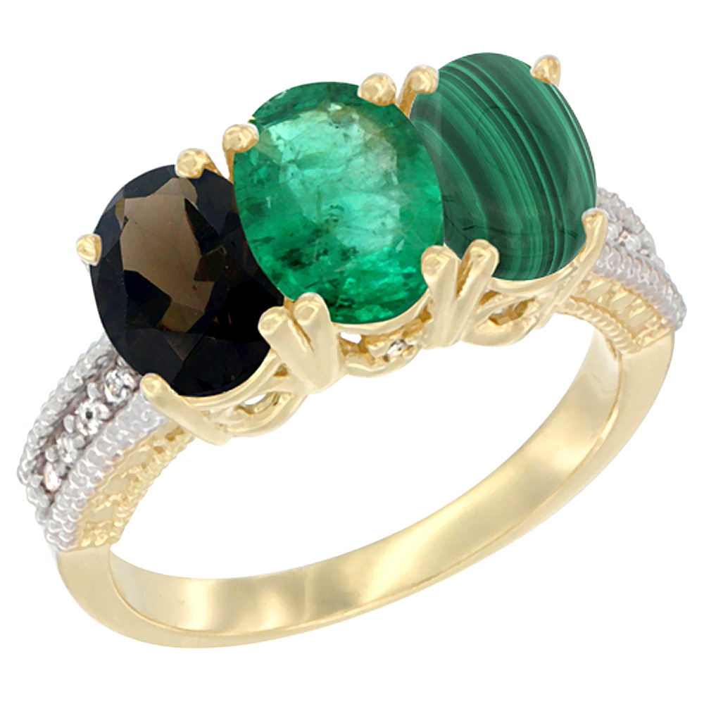 10K Yellow Gold Diamond Natural Smoky Topaz, Emerald & Malachite Ring 3-Stone 7x5 mm Oval, sizes 5 - 10