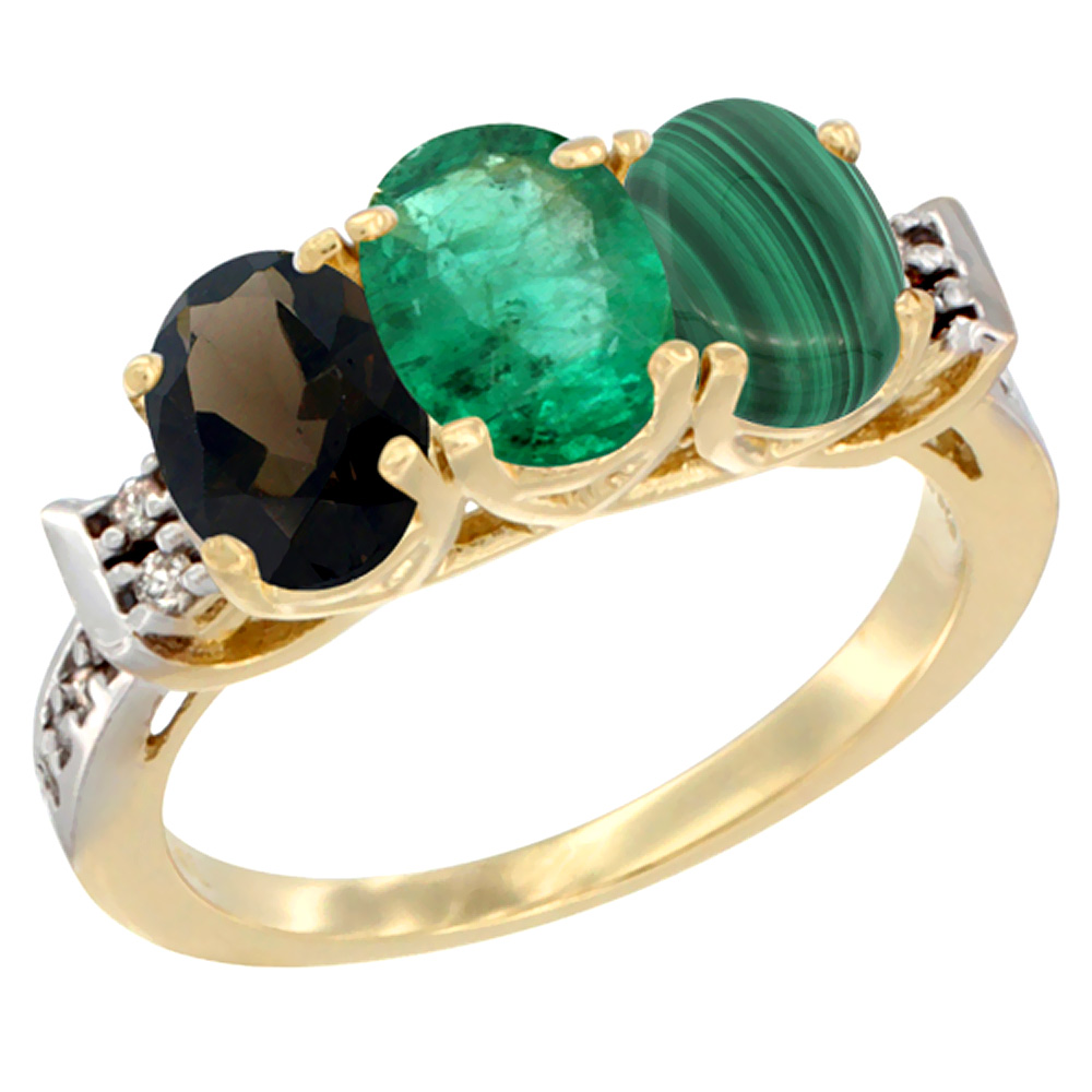 10K Yellow Gold Natural Smoky Topaz, Emerald &amp; Malachite Ring 3-Stone Oval 7x5 mm Diamond Accent, sizes 5 - 10