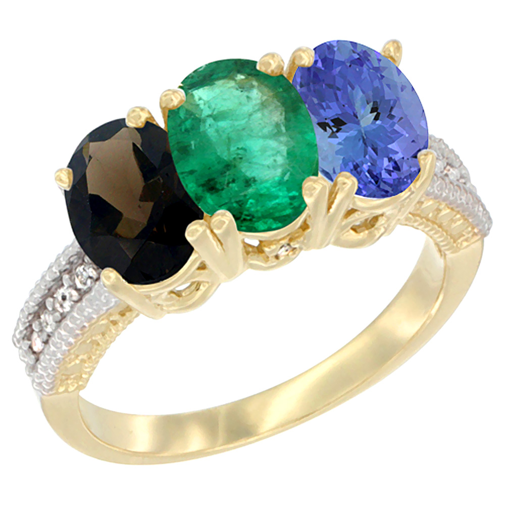 10K Yellow Gold Diamond Natural Smoky Topaz, Emerald &amp; Tanzanite Ring 3-Stone 7x5 mm Oval, sizes 5 - 10