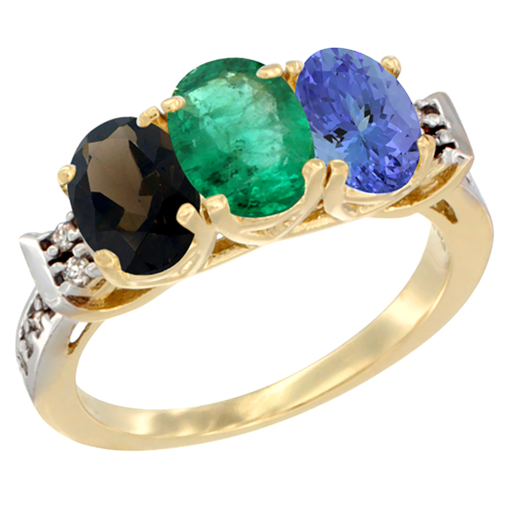 10K Yellow Gold Natural Smoky Topaz, Emerald &amp; Tanzanite Ring 3-Stone Oval 7x5 mm Diamond Accent, sizes 5 - 10