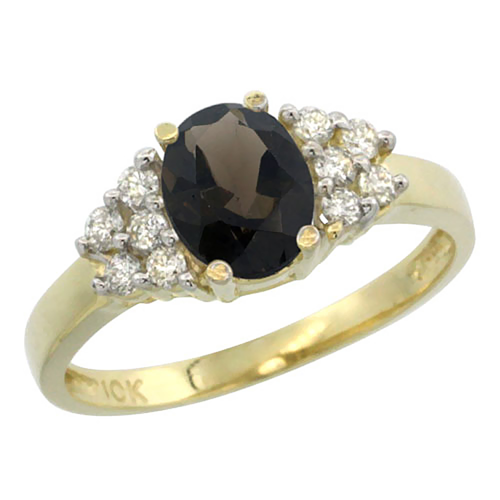 14K Yellow Gold Natural Smoky Topaz Ring Oval 8x6mm Diamond Accent, sizes 5-10