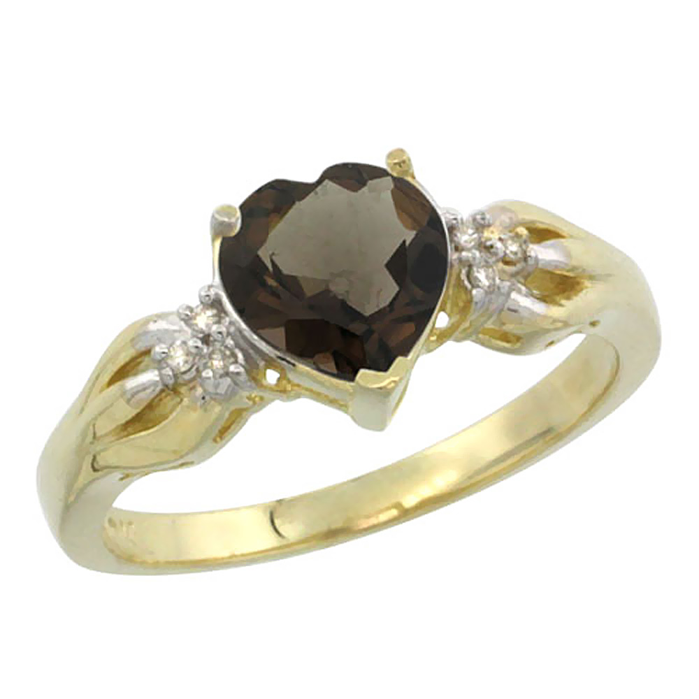 10K Yellow Gold Natural Smoky Topaz Ring Heart-shape 7x7mm Diamond Accent, sizes 5-10