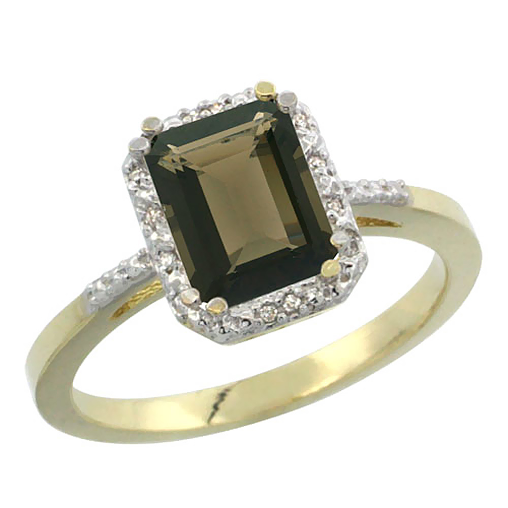 10K Yellow Gold Natural Smoky Topaz Ring Emerald-shape 8x6mm Diamond Accent, sizes 5-10