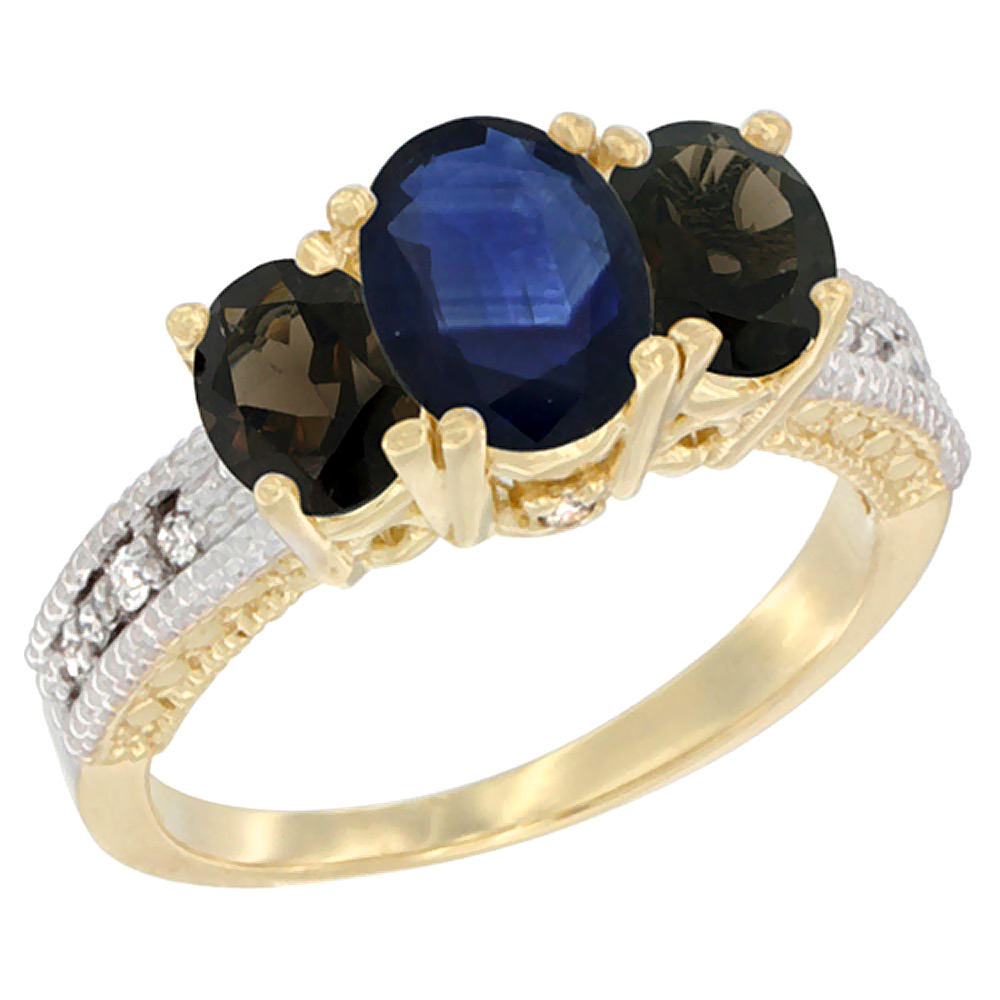 14K Yellow Gold Diamond Natural Blue Sapphire Ring Oval 3-stone with Smoky Topaz, sizes 5 - 10