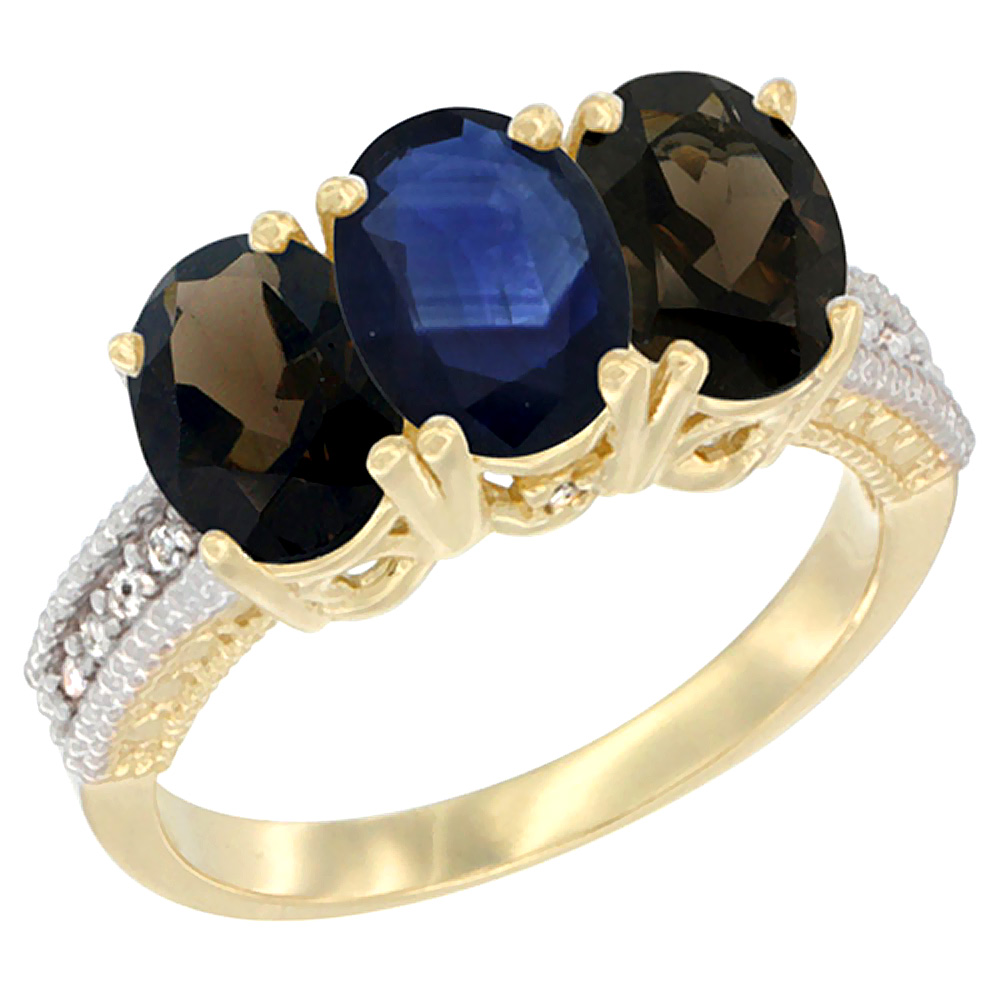 14K Yellow Gold Natural Blue Sapphire & Smoky Topaz Ring 3-Stone 7x5 mm Oval Diamond Accent, sizes 5 - 10