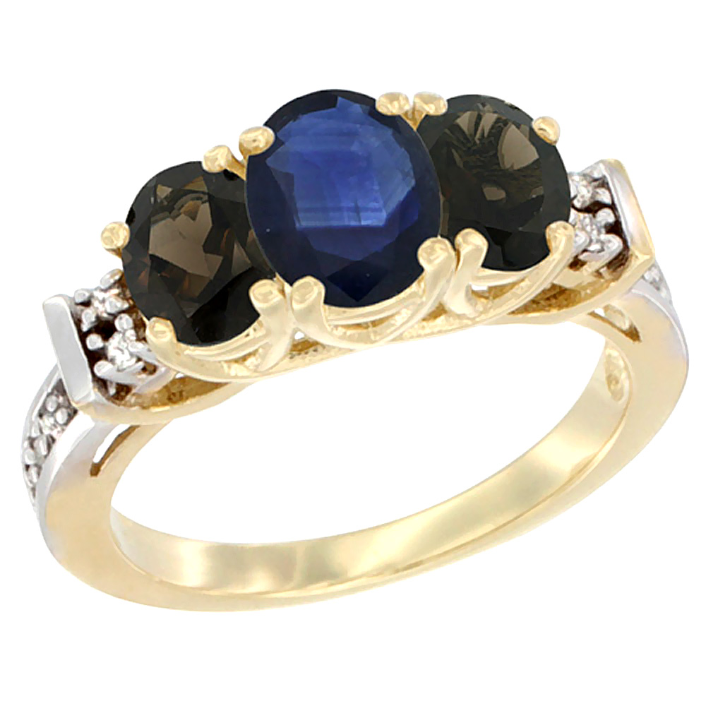 10K Yellow Gold Natural Blue Sapphire & Smoky Topaz Ring 3-Stone Oval Diamond Accent