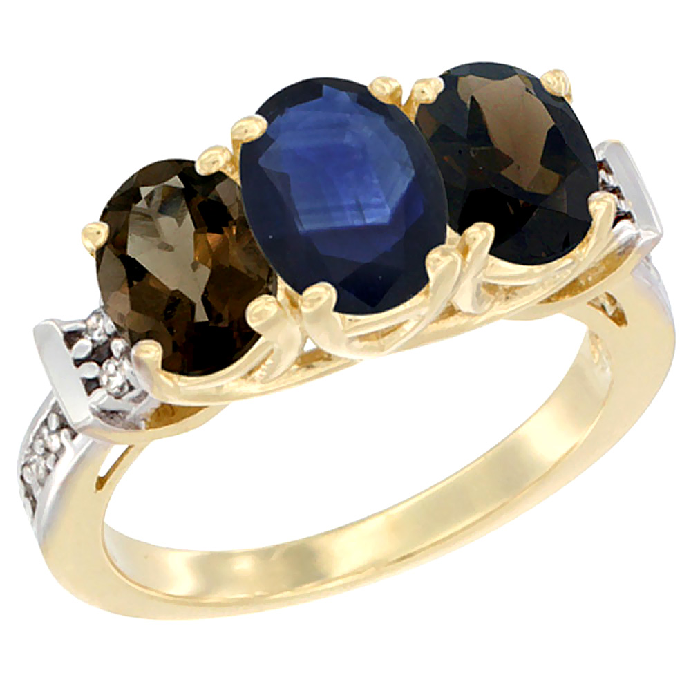 14K Yellow Gold Natural Blue Sapphire & Smoky Topaz Sides Ring 3-Stone Oval Diamond Accent, sizes 5 - 10