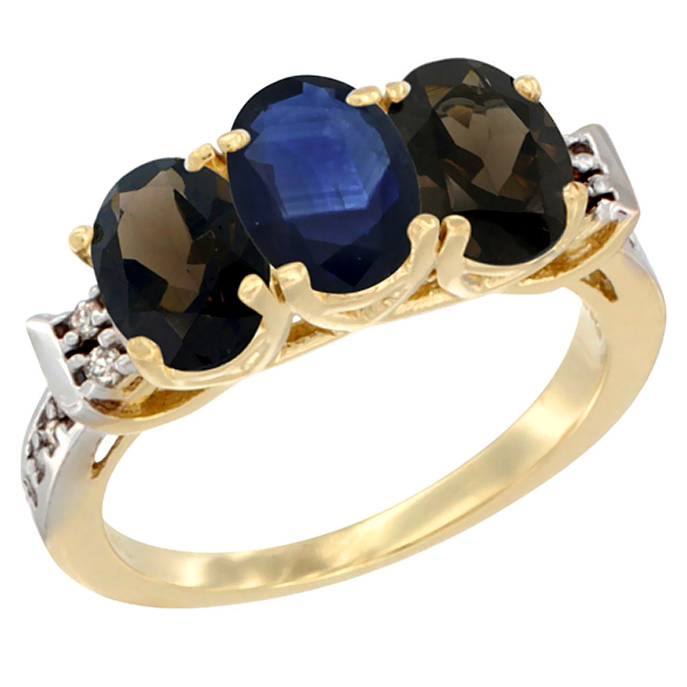 10K Yellow Gold Natural Blue Sapphire & Smoky Topaz Sides Ring 3-Stone Oval 7x5 mm Diamond Accent, sizes 5 - 10