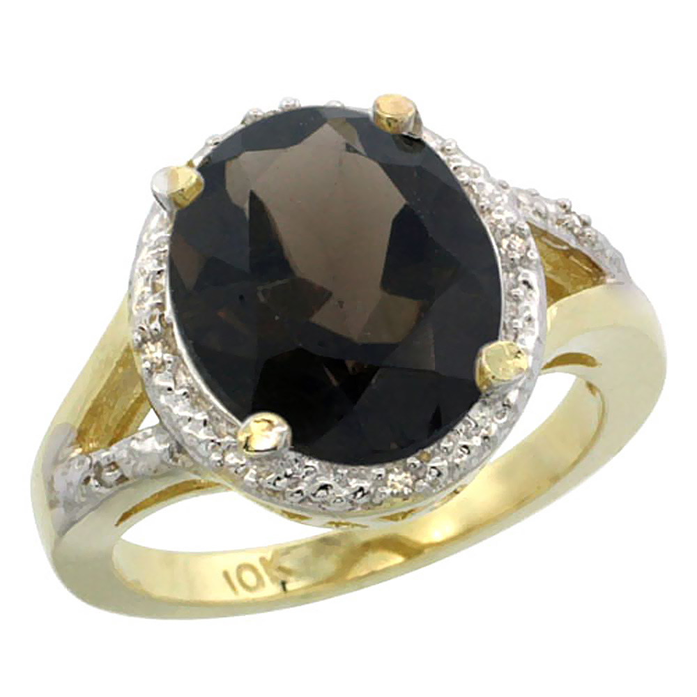 10K Yellow Gold Natural Smoky Topaz Ring Oval 12x10mm Diamond Accent, sizes 5-10