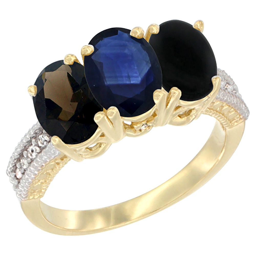 10K Yellow Gold Diamond Natural Smoky Topaz, Blue Sapphire & Black Onyx Ring 3-Stone 7x5 mm Oval, sizes 5 - 10