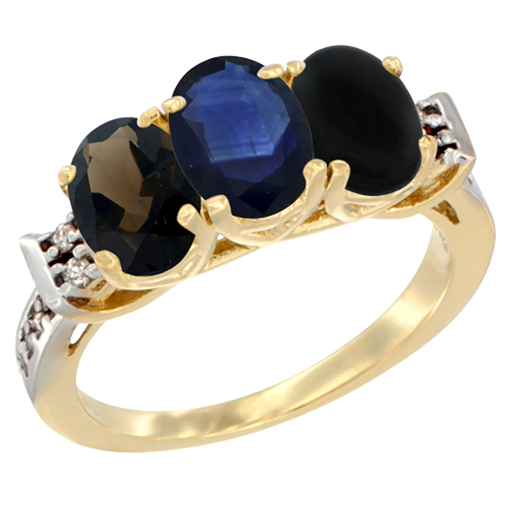 10K Yellow Gold Natural Smoky Topaz, Blue Sapphire & Black Onyx Ring 3-Stone Oval 7x5 mm Diamond Accent, sizes 5 - 10