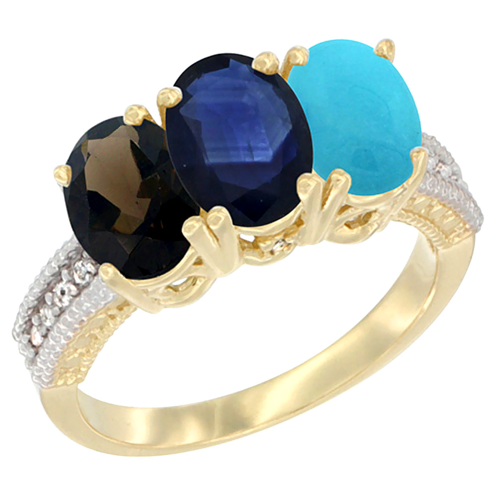 14K Yellow Gold Natural Smoky Topaz, Blue Sapphire & Turquoise Ring 3-Stone 7x5 mm Oval Diamond Accent, sizes 5 - 10