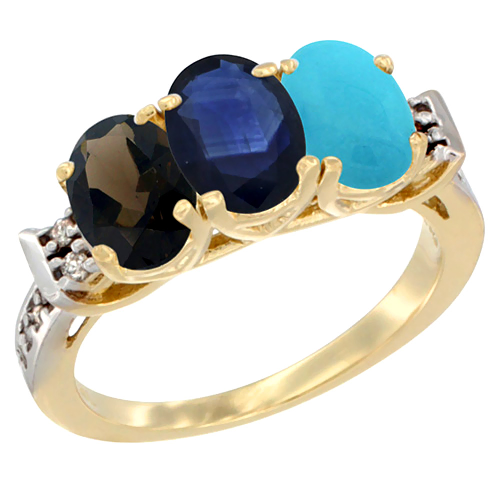 14K Yellow Gold Natural Smoky Topaz, Blue Sapphire &amp; Turquoise Ring 3-Stone Oval 7x5 mm Diamond Accent, sizes 5 - 10