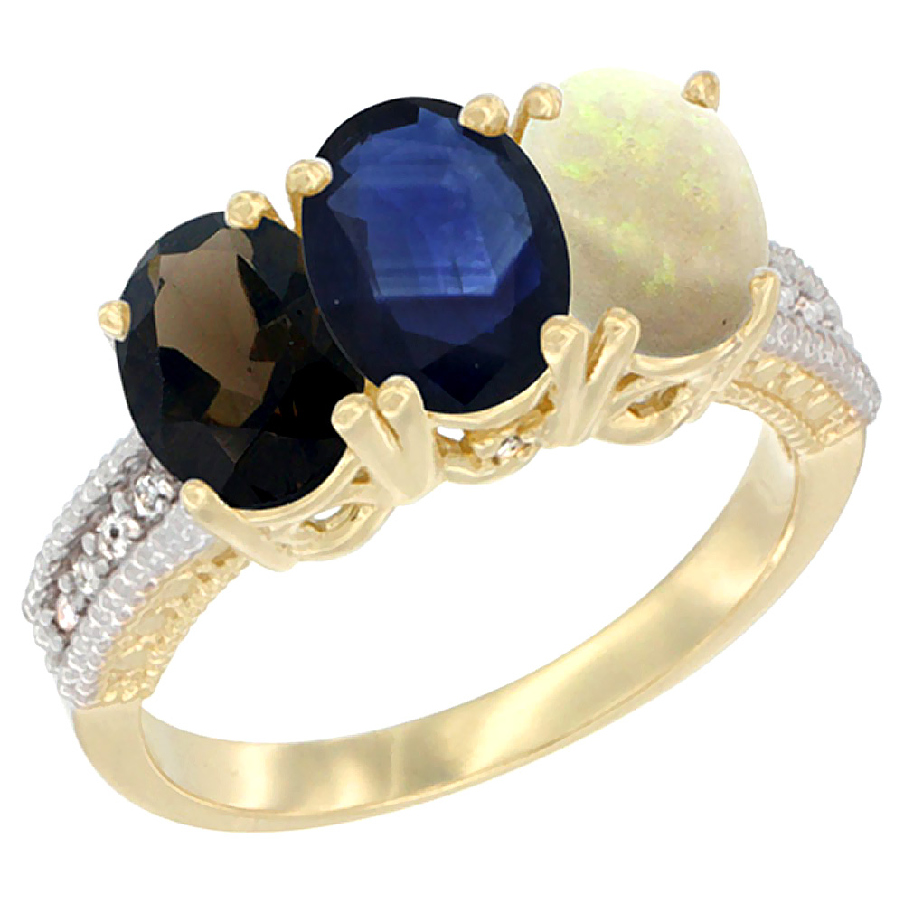 10K Yellow Gold Diamond Natural Smoky Topaz, Blue Sapphire &amp; Opal Ring 3-Stone 7x5 mm Oval, sizes 5 - 10