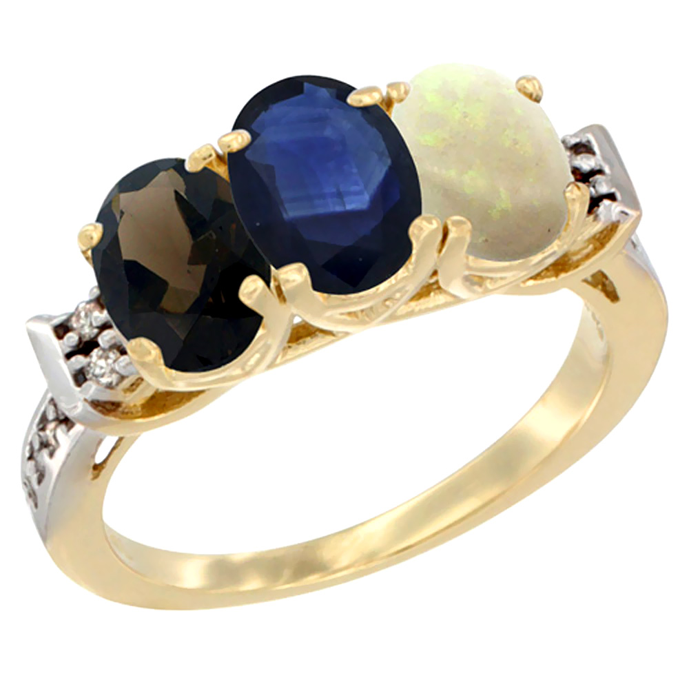 10K Yellow Gold Natural Smoky Topaz, Blue Sapphire &amp; Opal Ring 3-Stone Oval 7x5 mm Diamond Accent, sizes 5 - 10