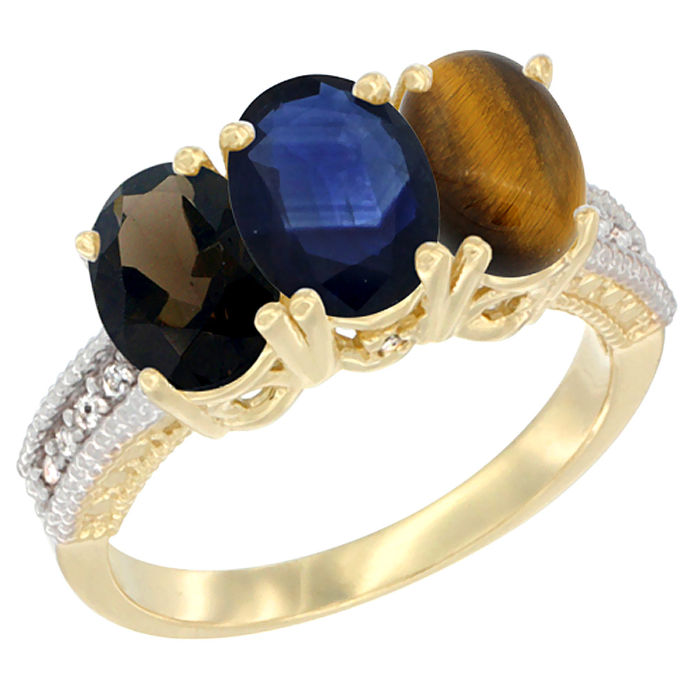 10K Yellow Gold Diamond Natural Smoky Topaz, Blue Sapphire &amp; Tiger Eye Ring 3-Stone 7x5 mm Oval, sizes 5 - 10