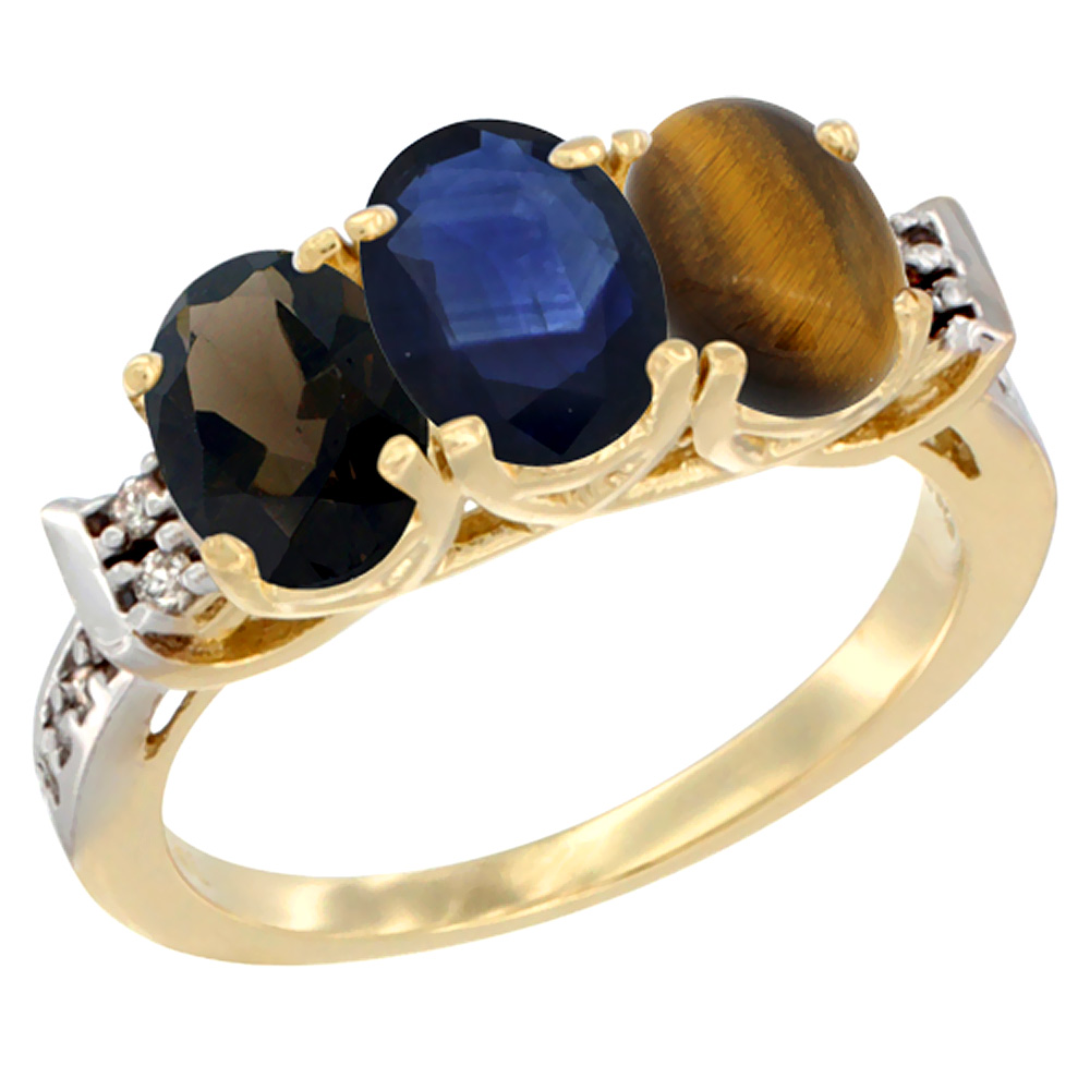 14K Yellow Gold Natural Smoky Topaz, Blue Sapphire & Tiger Eye Ring 3-Stone Oval 7x5 mm Diamond Accent, sizes 5 - 10