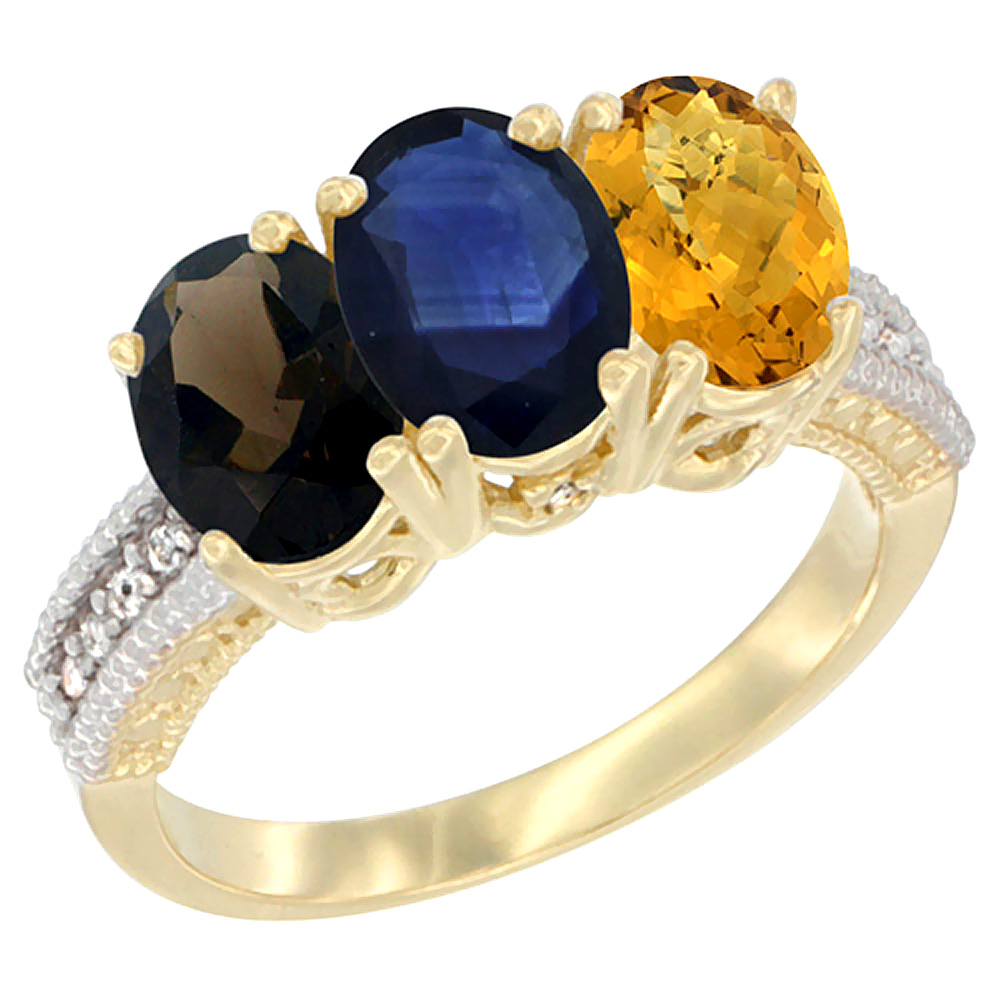 14K Yellow Gold Natural Smoky Topaz, Blue Sapphire &amp; Whisky Quartz Ring 3-Stone 7x5 mm Oval Diamond Accent, sizes 5 - 10
