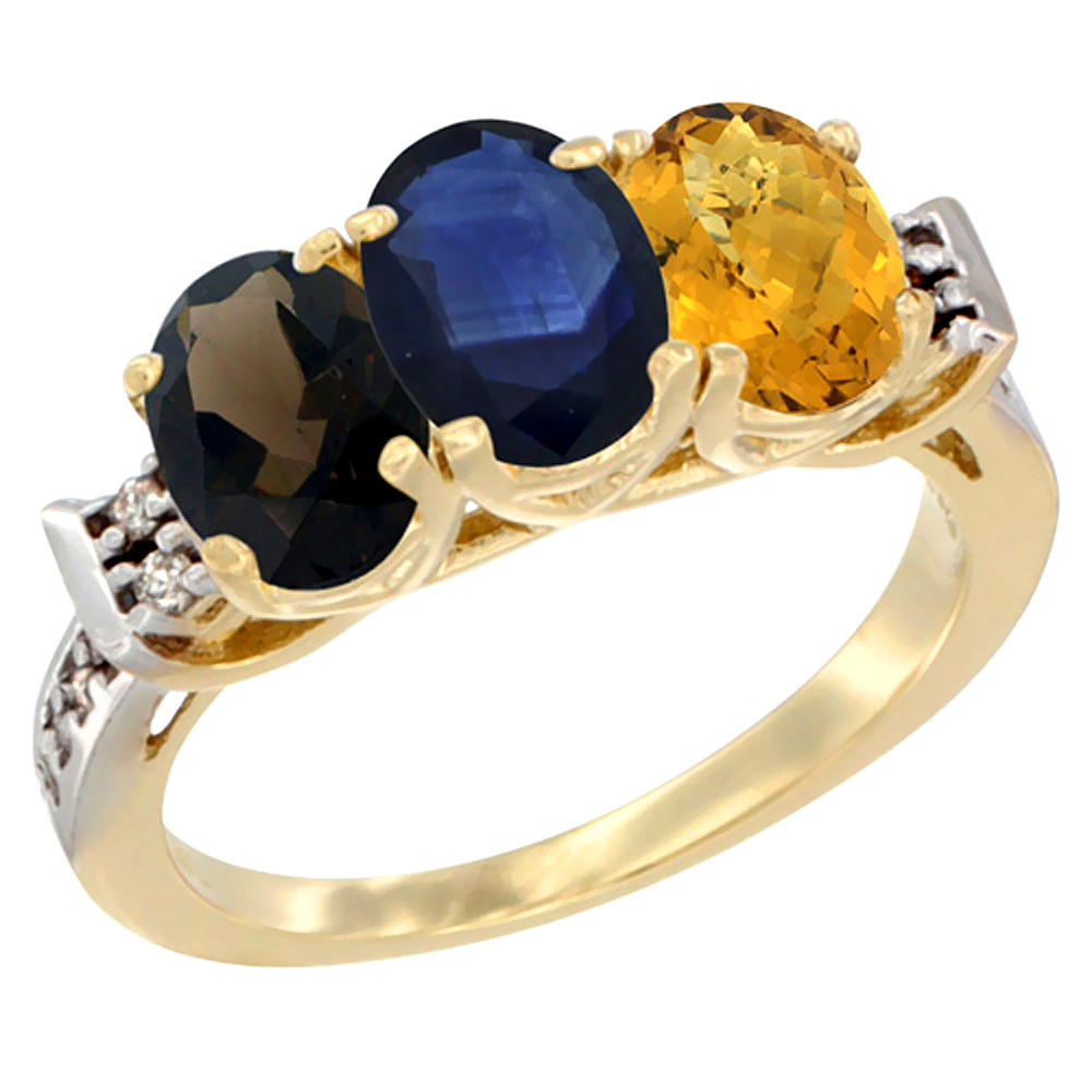 14K Yellow Gold Natural Smoky Topaz, Blue Sapphire & Whisky Quartz Ring 3-Stone Oval 7x5 mm Diamond Accent, sizes 5 - 10