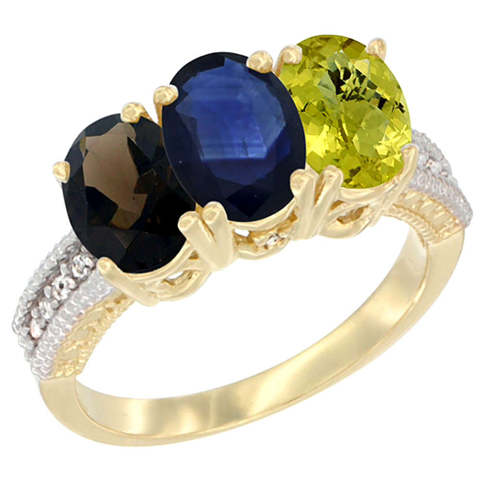 10K Yellow Gold Diamond Natural Smoky Topaz, Blue Sapphire &amp; Lemon Quartz Ring 3-Stone 7x5 mm Oval, sizes 5 - 10