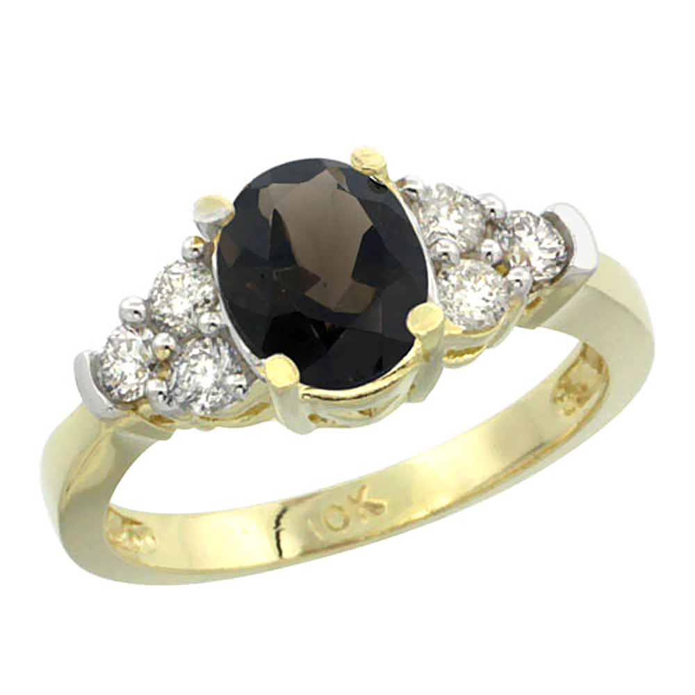 14K Yellow Gold Natural Smoky Topaz Ring Oval 9x7mm Diamond Accent, sizes 5-10