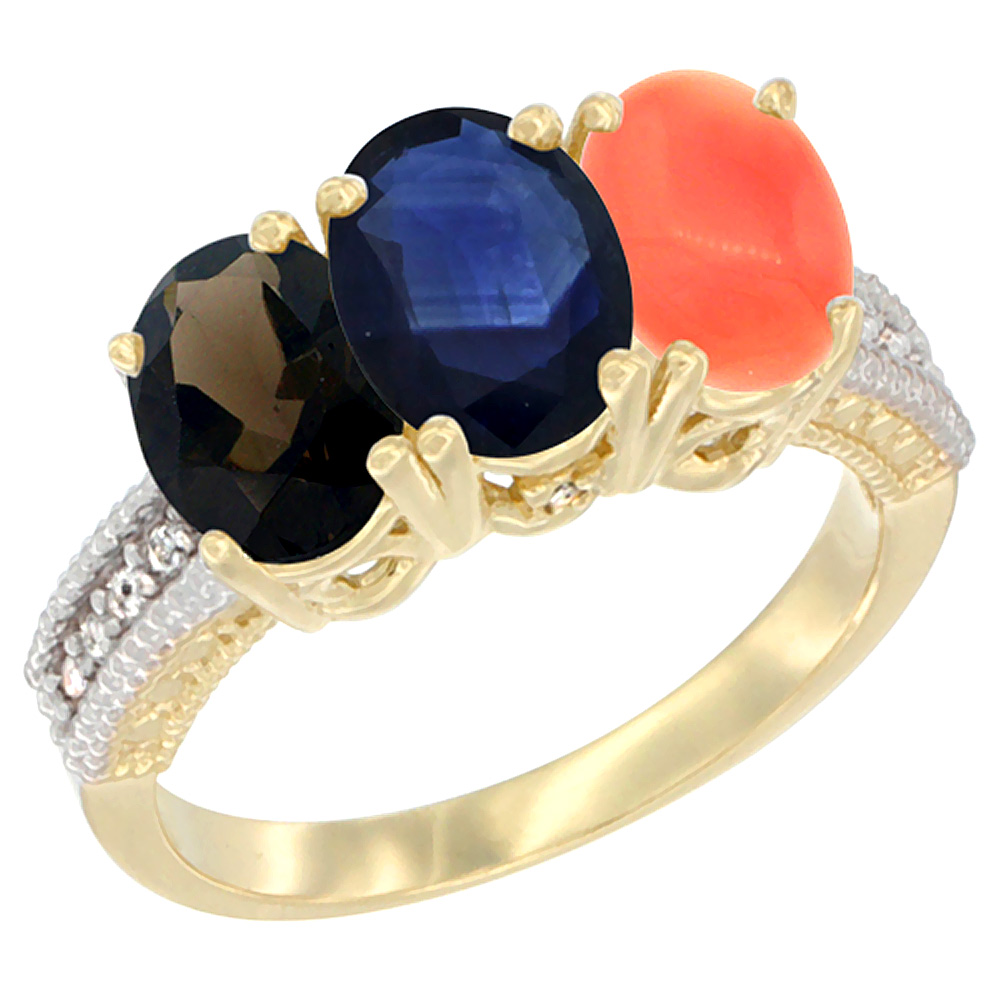 14K Yellow Gold Natural Smoky Topaz, Blue Sapphire & Coral Ring 3-Stone 7x5 mm Oval Diamond Accent, sizes 5 - 10