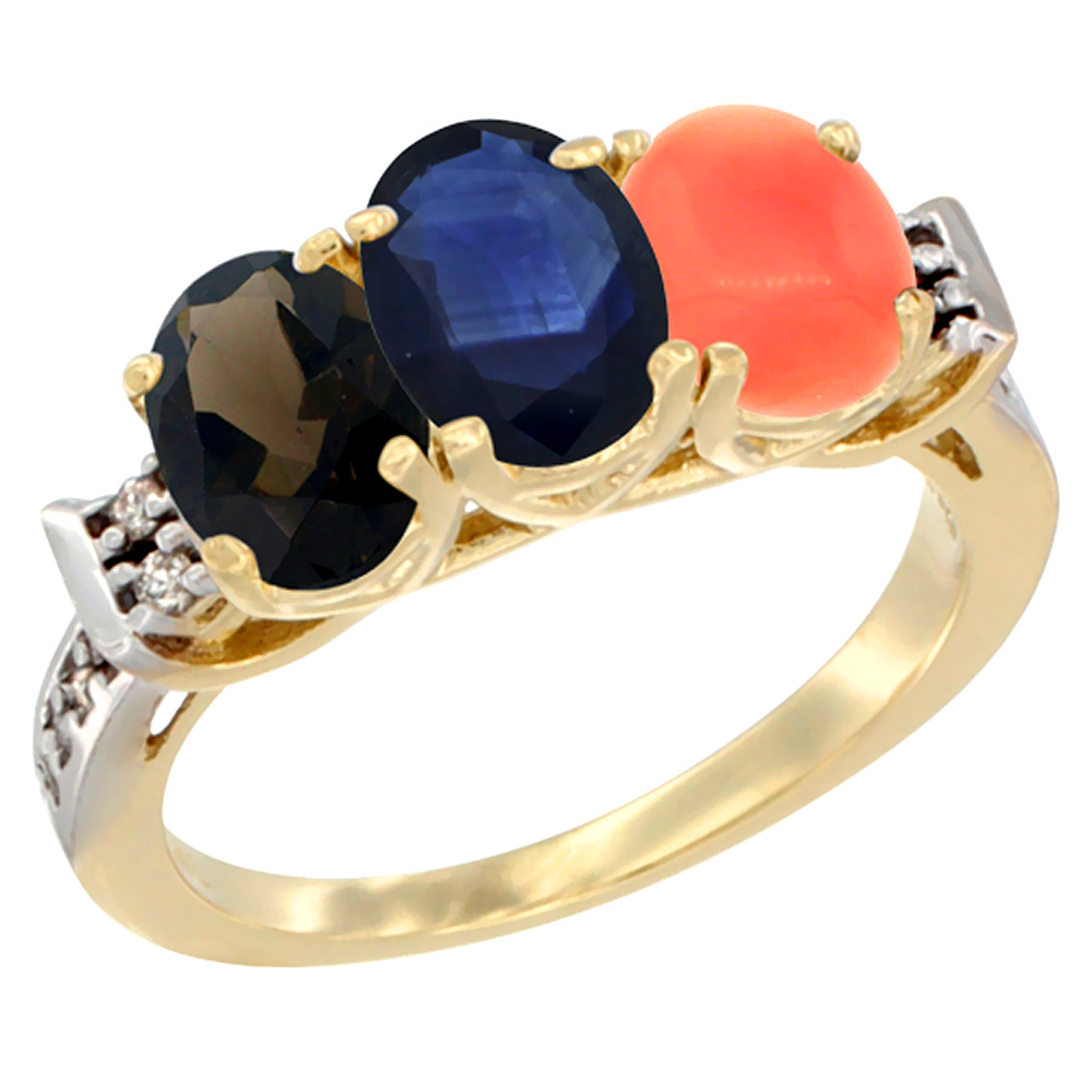 14K Yellow Gold Natural Smoky Topaz, Blue Sapphire & Coral Ring 3-Stone Oval 7x5 mm Diamond Accent, sizes 5 - 10