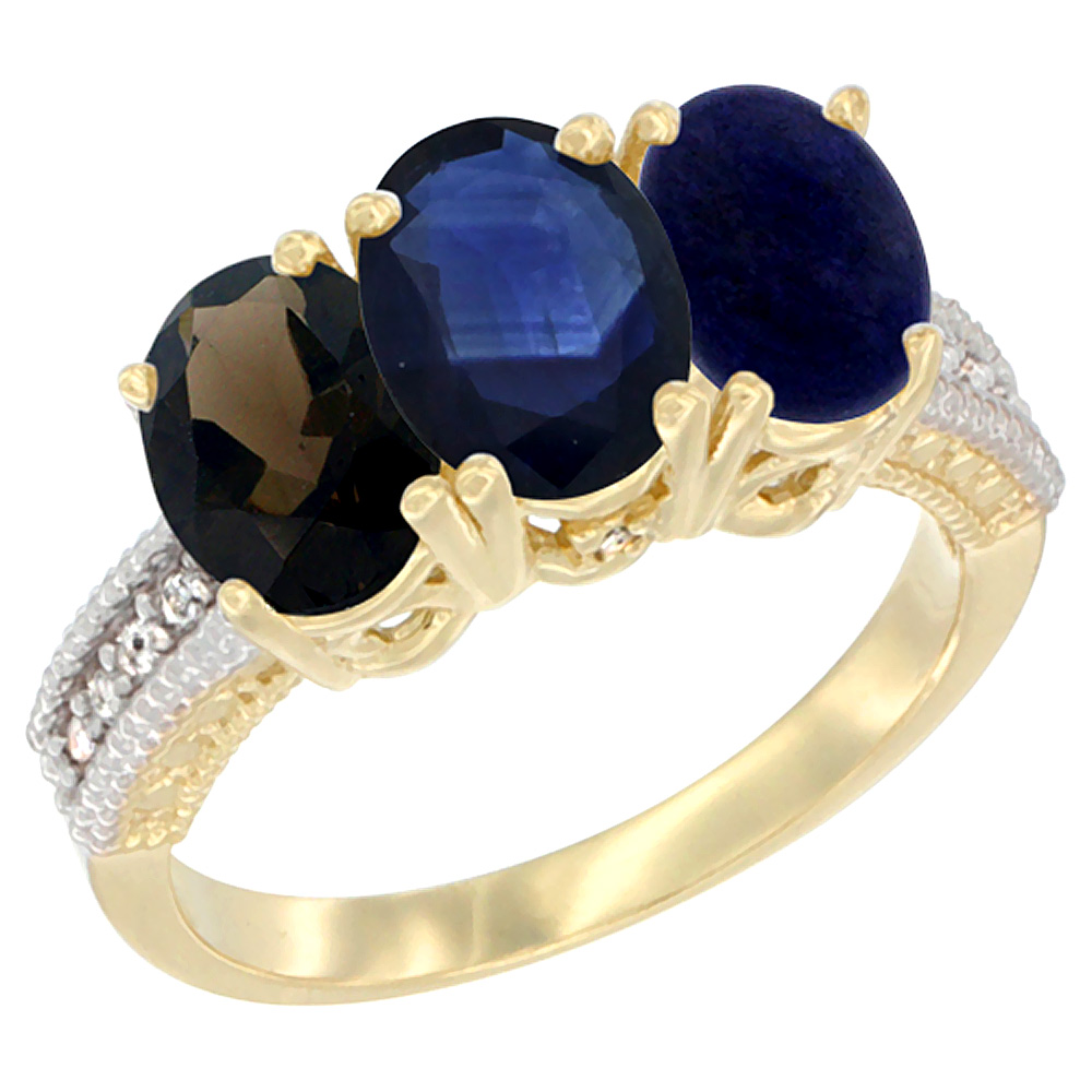 10K Yellow Gold Diamond Natural Smoky Topaz, Blue Sapphire & Lapis Ring 3-Stone 7x5 mm Oval, sizes 5 - 10